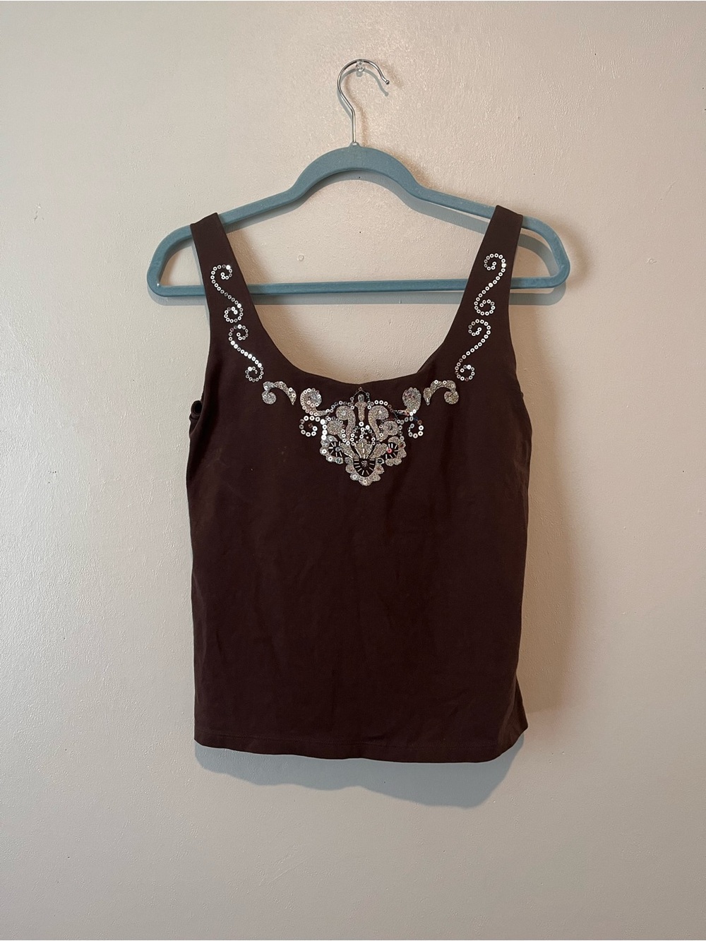 Moda International Brown Tank Top with Silver Sequin Embellishment